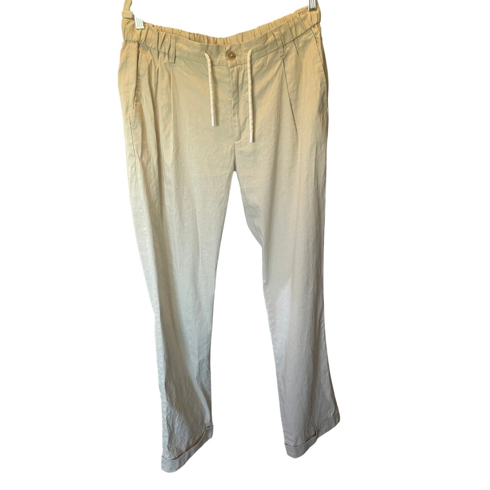 Womens Minimalist Preppy Coastal Linen Blend Relaxed Drawstring Pants Large Cuff